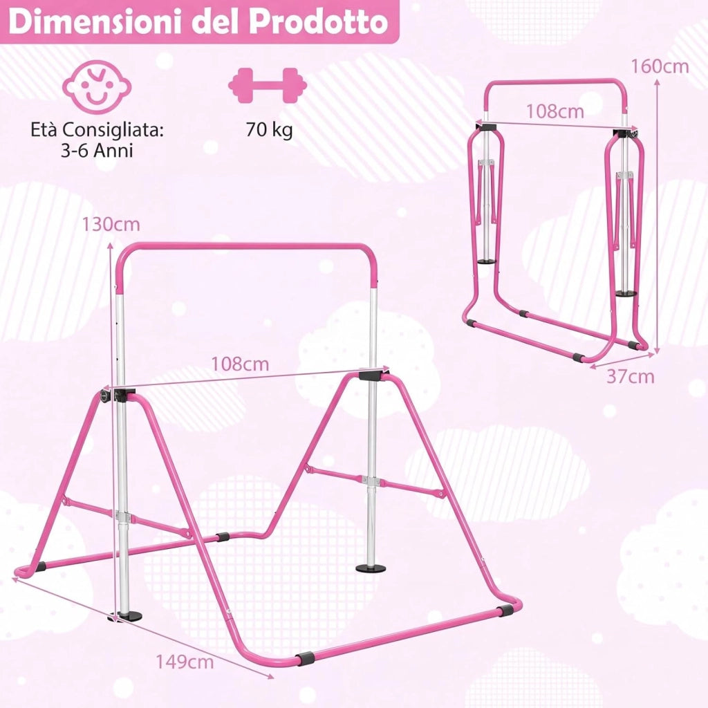 Sbarra Ginnastica Artistica per Casa Pieghevole, Barra Orizzontale Regolabile in Altezza con Base Antiscivolo, Barra Ginnastica per Bambini da 3 a 12 Anni