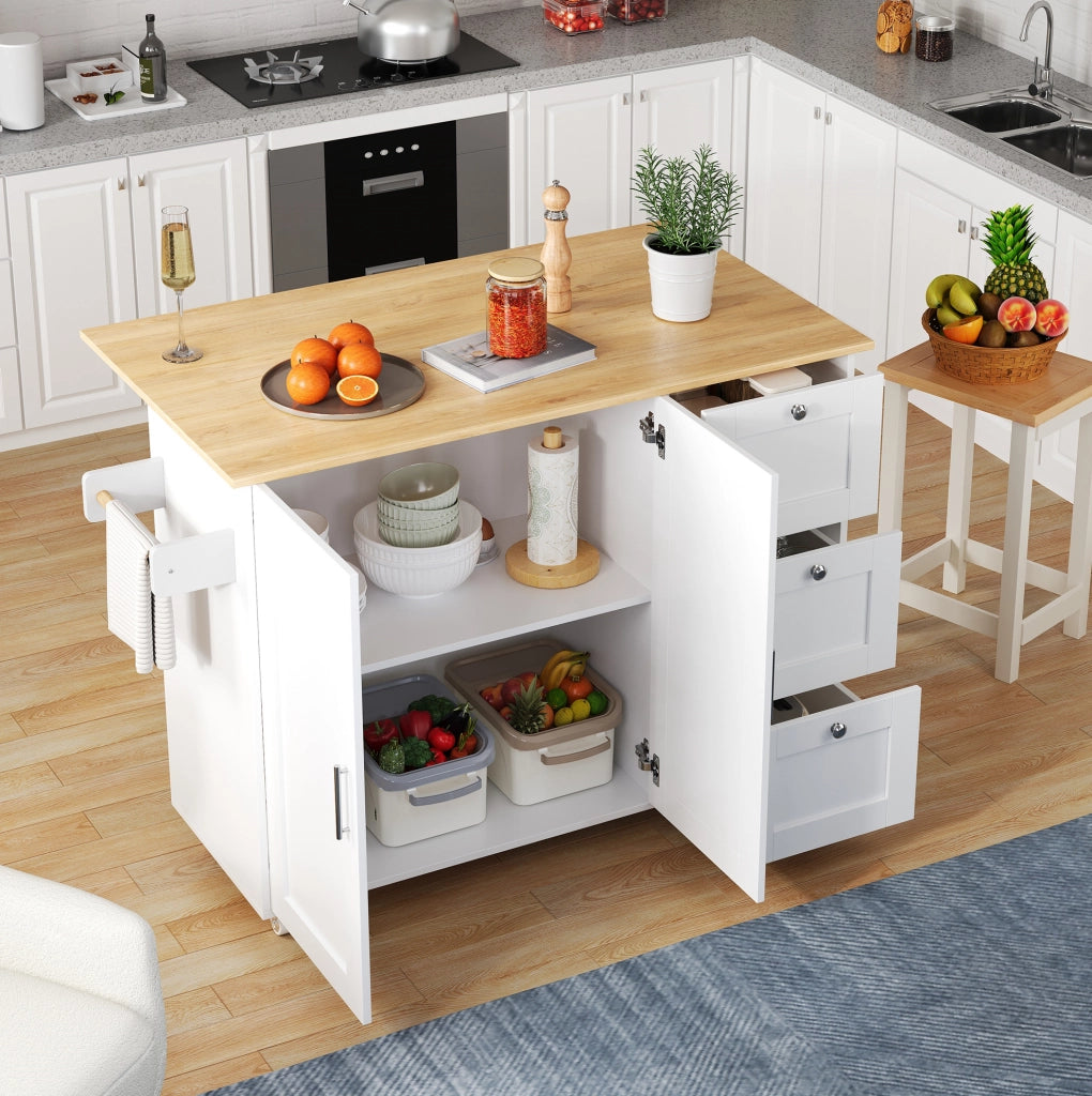Isola da cucina 135x44x90 cm pieghevole con piano estensibile in MDF bianco naturale