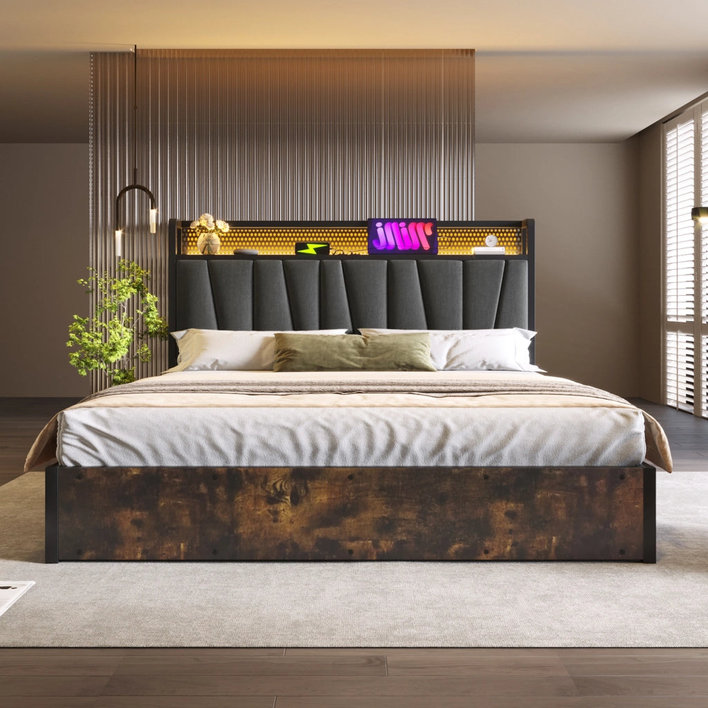 OKWISH Letto Contenitore 160×200 cm, Letto Matrimoniale con LED RGBW, USB, Prese e Mensole, senza Materasso, in Lino, Grigio