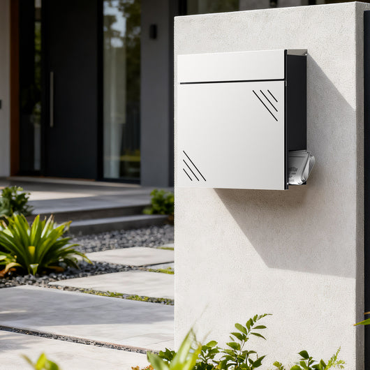 Cassetta della posta in acciaio inox V63 37 x 11 x 37 cm, cassetta delle lettere da parete con portagiornali e chiave