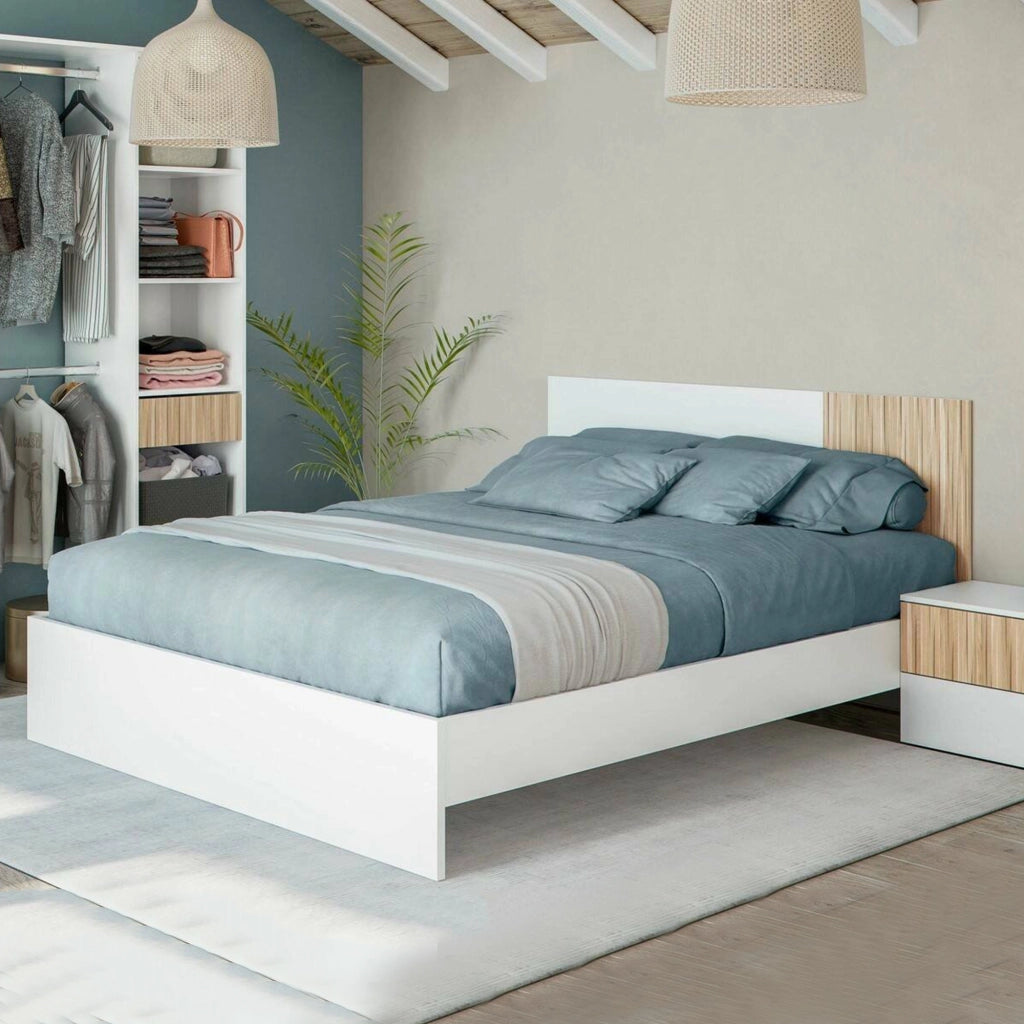 Testiera letto Armony, Testata letto con 2 comodini, Set per camera da letto, 266x34h89 cm, Bianco e Rovere