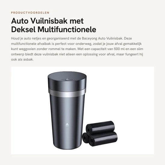 Autovuilnisbak multifunzionale con coperchio - Capacità 500 ml - 3 sacchetti di rifiuti - Materiale ABS duraturo - Progettazione rimovibile - Autovaschetta