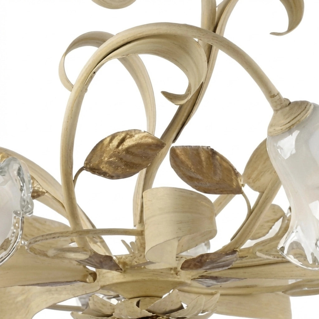 Lampadario Arte Povera Cesto Metallo Avorio E Oro 5 Luci E14