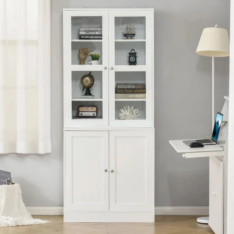 MOBILE LIBRERIA CON 2 ARMADIETTI, RIPIANI REGOLABILI E ANTE IN VETRO, 76X40X178.5 CM, BIANCO
