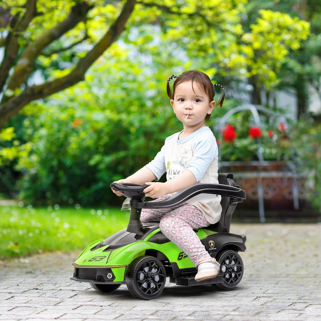 Lamborghini Macchinina per Bambini 2 in 1 con Maniglione e Barriera di Sicurezza, Volante e Clacson, Auto per Bambini in PP e Metallo, 86.5x40x89.5 cm, Verde e Nero