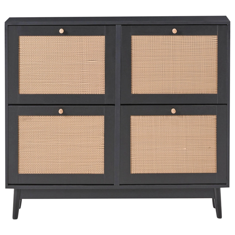 Armadietto porta scarpe in truciolato nero Rattan 4 scomparti Boho Design Hallway