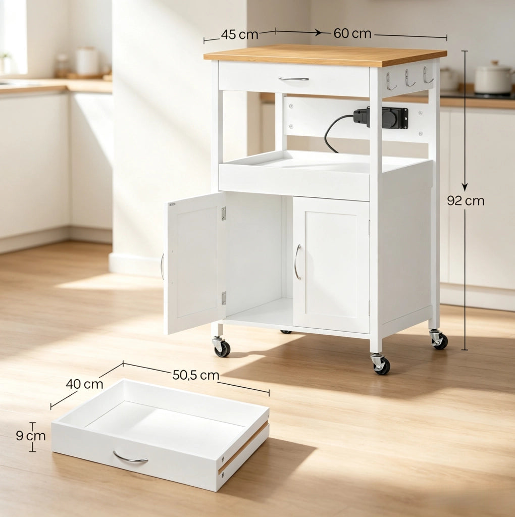 Carrello da cucina con prese, cassetto e armadietto bianco
