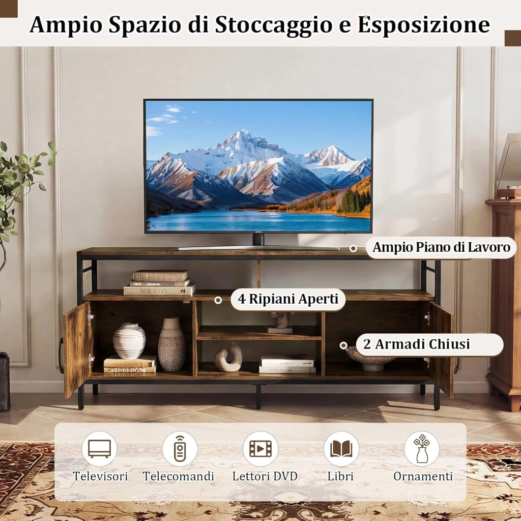 Mobile TV Soggiorno fino a 65", con 2 Armadietti e 4 Ripiani Aperti, Tavolino Porta TV con Gambe in Metallo, Centro di Intrattenimento per Soggiorno Camera da Letto (Marrone, 147 x 35 cm)