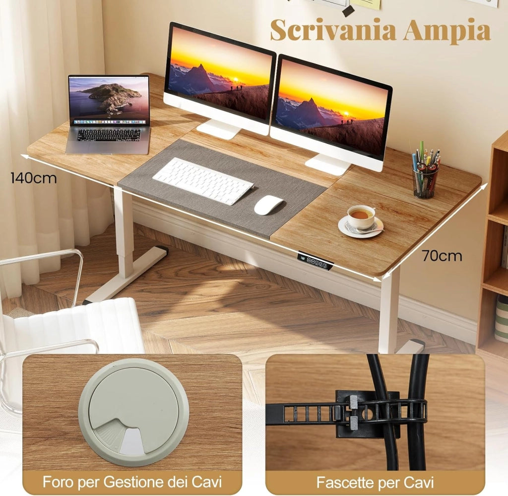 Scrivania Elettrica Regolabile in Altezza 140 x 70 cm, Scrivania per Computer con Memoria delle Altezze, Foro per Cavi, Design Anti-Collisione, Ideale per Ufficio e Casa (Legno Chiaro)
