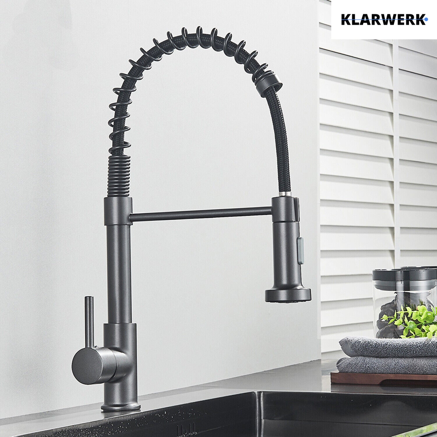 Bernd | Rubinetto cucina gastronomia con molla grigio titanio | flessibile in acciaio inossidabile |miscelatore ruotato di 360°Alta pressione 2 porte
