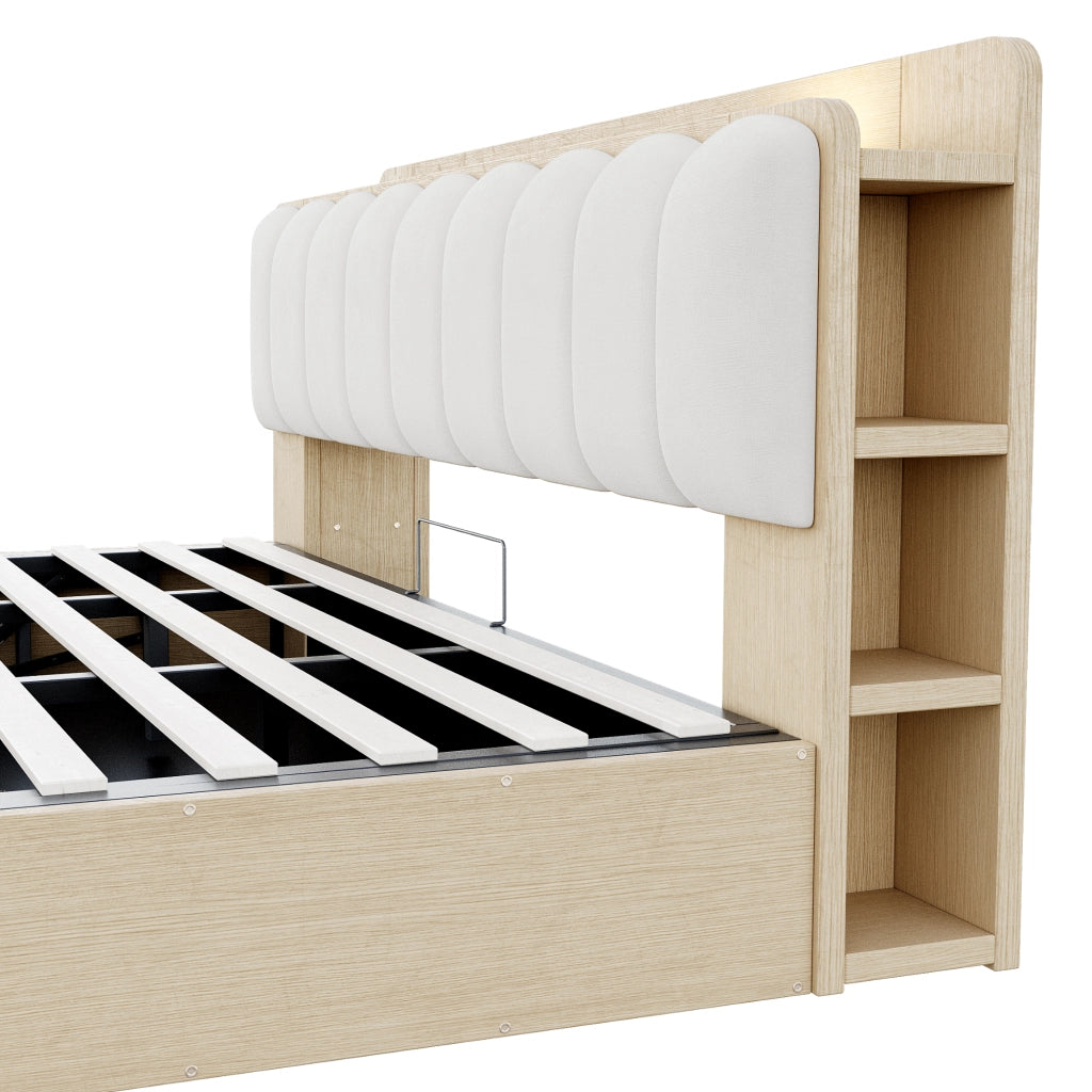 LETTO 180x200 cm in legno con contenitore idraulico, testiera imbottita, colore legno naturale