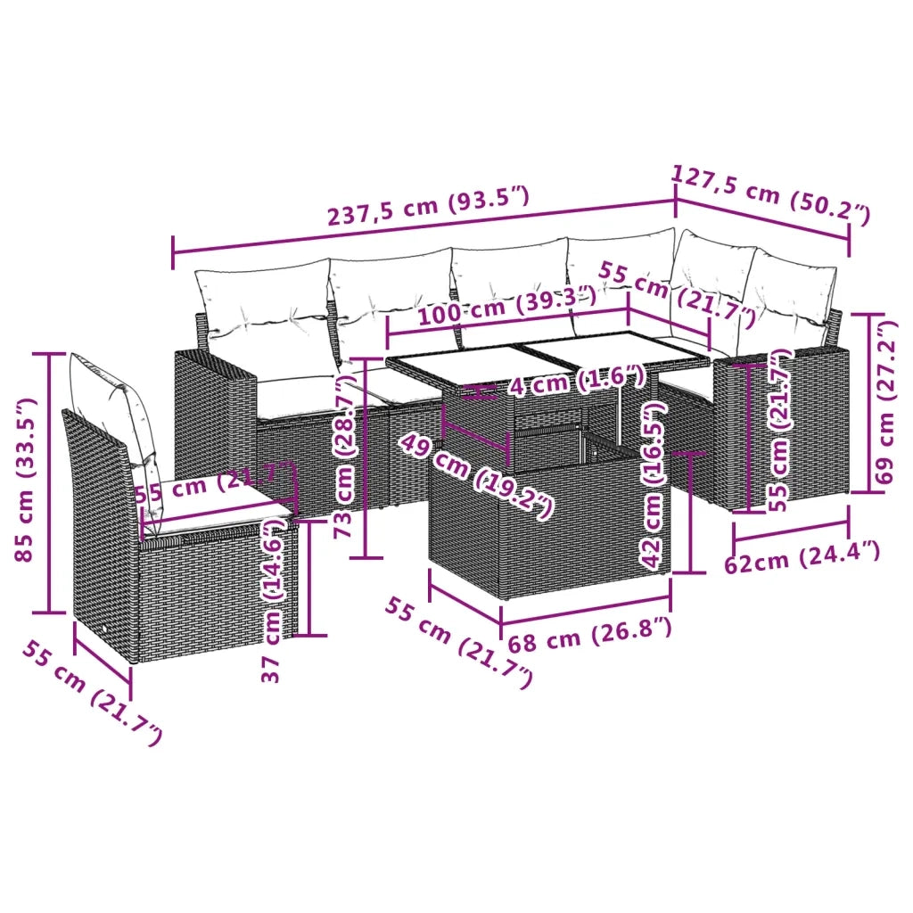 Set Divani da Giardino 7 pz con Cuscini Marrone in Polyrattan 3267313