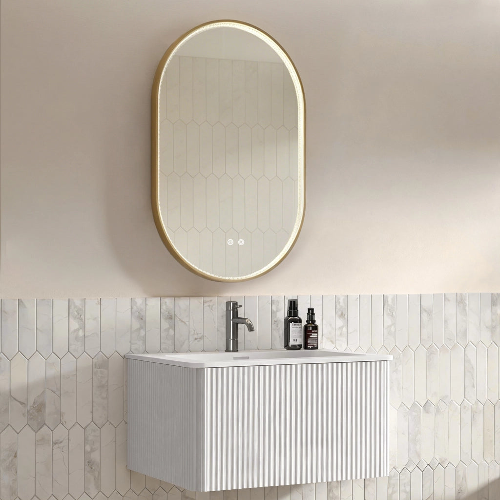 Mobile bagno sospeso con lavabo integrato; 1 cassetto e specchio LED antiappannamento; bordi arrotondati; bianco