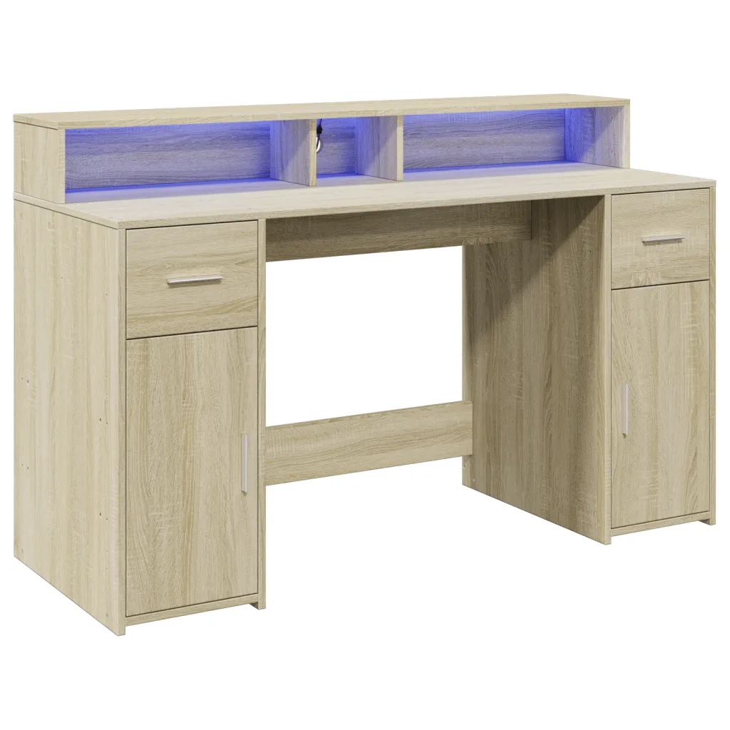 Scrivania con Luci LED Rovere Sonoma 140x55x91cm in Multistrato