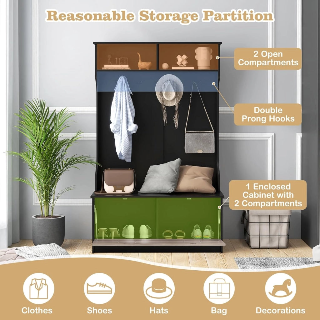 Appendiabiti con Panca da Scarpe, Armadio con Panca Portaoggetti e 5 Ganci e Scomparti, Mobile d'Ingresso Moderno per Corridoio, Camera da Letto, 100x40x160 cm (Nero)