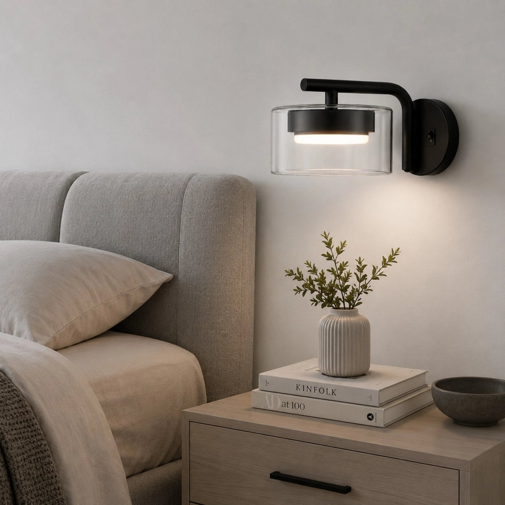 Applique LED GX53 12W da Parete con Interruttore CCT 3000K-6500K Lampada Moderna in Metallo Nero e Vetro per Camera