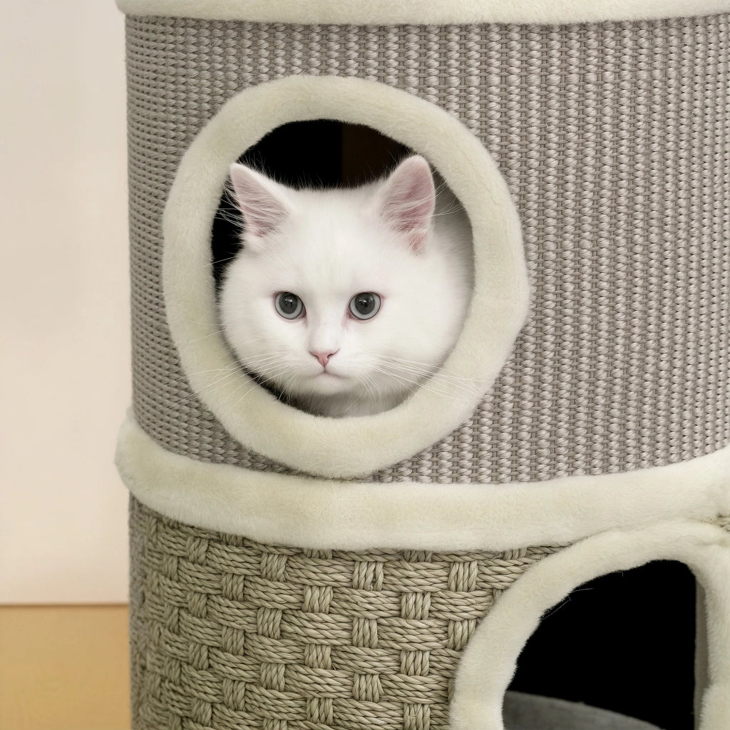 Tiragraffi a torre per gatti ¨C Xylo ¨C 49 cm, ?35,5 cm, 2 livelli con cucce e bordo in peluche