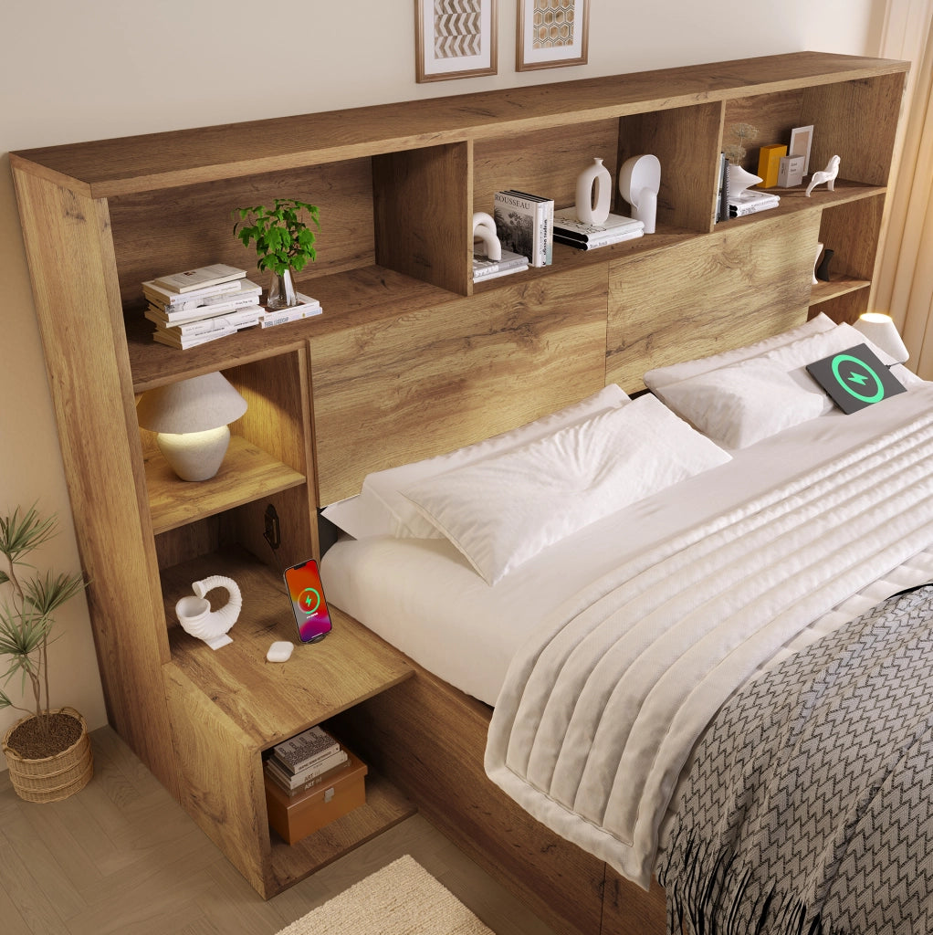 Letto contenitore 180x200 cm con LED, USB-C e comodini integrati in MDF e metallo, rovere