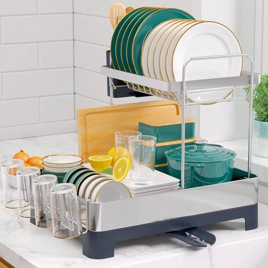 Afdruiprek 2 in 1 per bagno con contenitori per posate e bicchieri, afdruiprek composto da 2 pannelli per risparmiare spazio, dimensioni 37,4 x 32,0 x 44,5 cm, colore grigio scuro