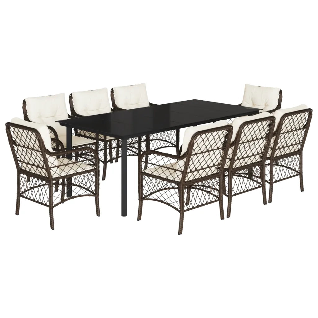 Set da Pranzo da Giardino 9pz con Cuscini Marrone in Polyrattan