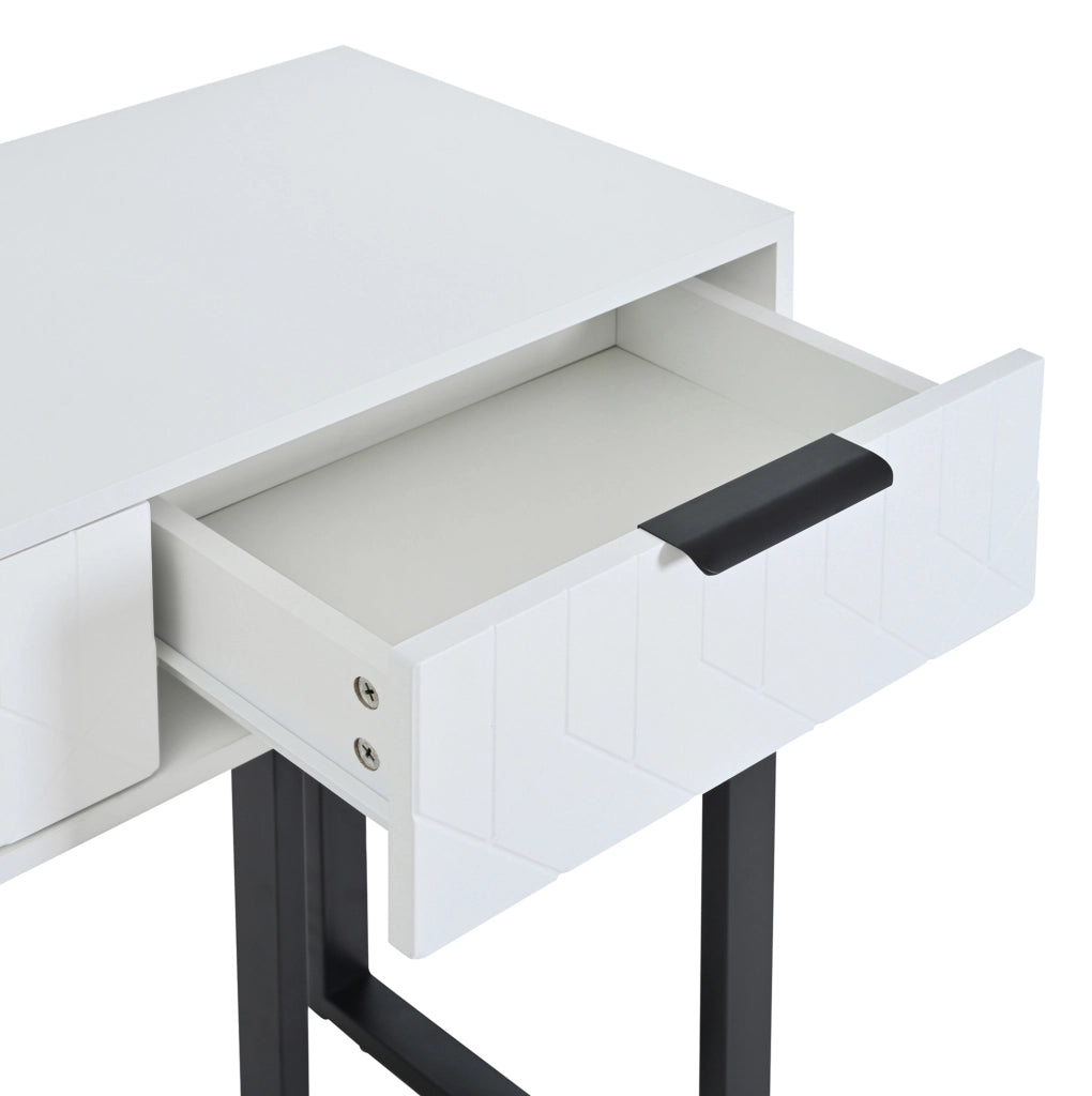 Tavolo consolle moderno bianco e nero con 2 cassetti e struttura dorata