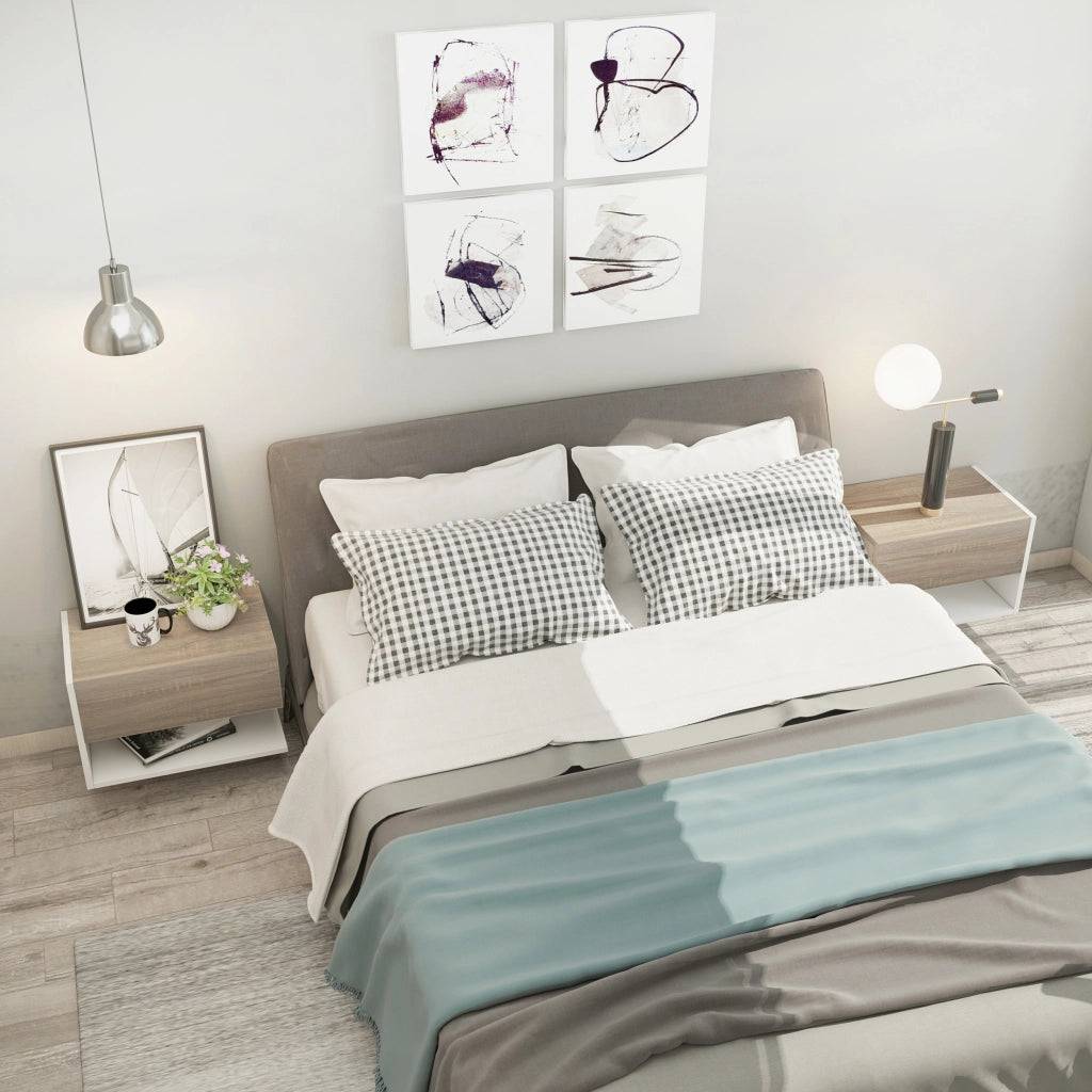 Comodino sospeso ¨C zephmum ¨C 2 pezzi, bianco, legno effetto rovere