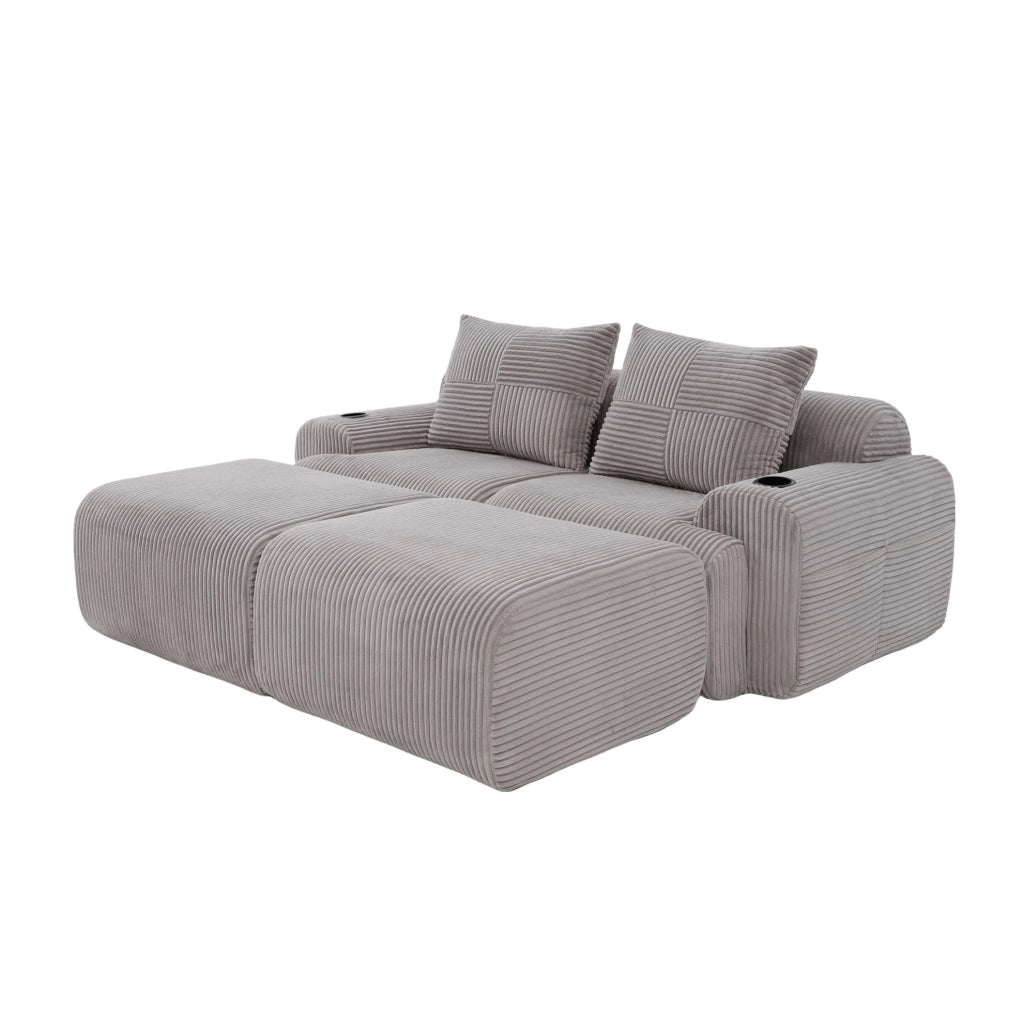 Divano modulare 2 posti in tessuto corduroy grigio chiaro; 200 cm; con portabicchieri e tasca laterale