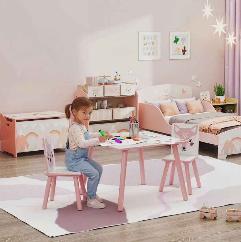 Set tavolo e 2 sedie per bambini 60x60x44 cm in pino rosa, per cameretta