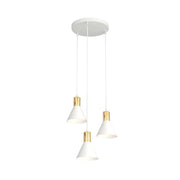 Lampadario 3 Luci Heimdall Base Tonda Acciaio Bianco E Paralumi Conici Bianco E Oro
