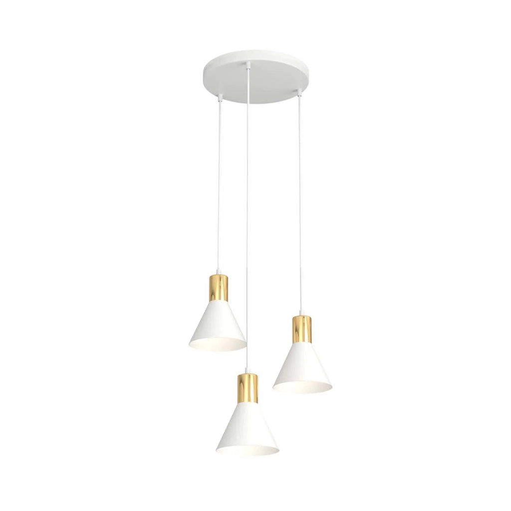 Lampadario 3 Luci Heimdall Base Tonda Acciaio Bianco E Paralumi Conici Bianco E Oro