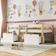 Letto a soppalco 90 × 200 cm con due cassetti e scala in legno e MDF bianco