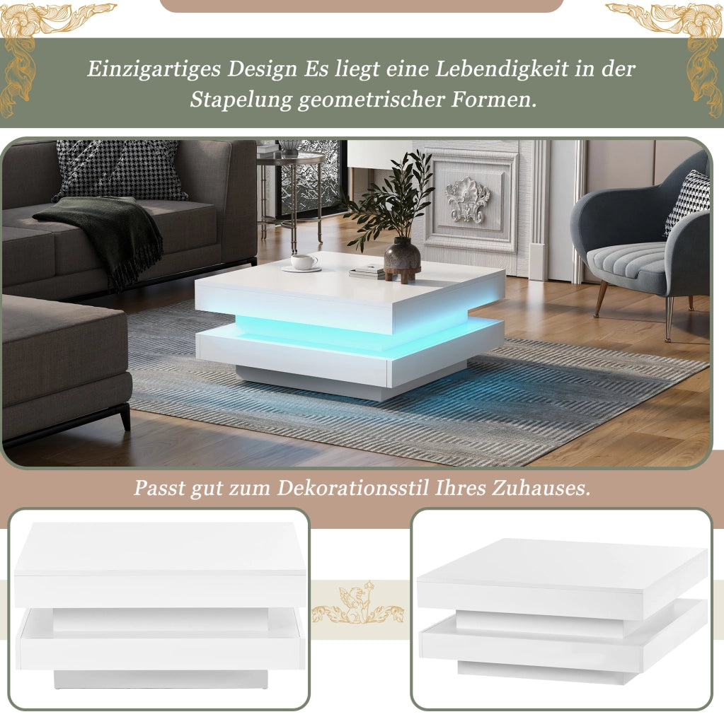 Tavolino da caffè quadrato bianco con illuminazione LED Bluetooth, 70 x 70 x 36 cm