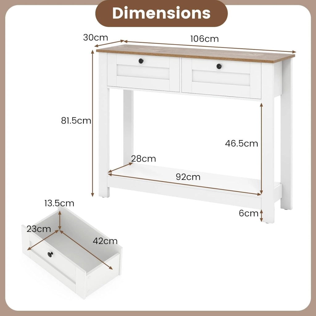 Tavolo consolle in legno a 2 livelli, mobile d'ingresso con 2 cassetti e ripiano inferiore, 106 x 30 x 81,5 cm, stile rustico, tavolino ausiliario stretto per soggiorno, corridoio