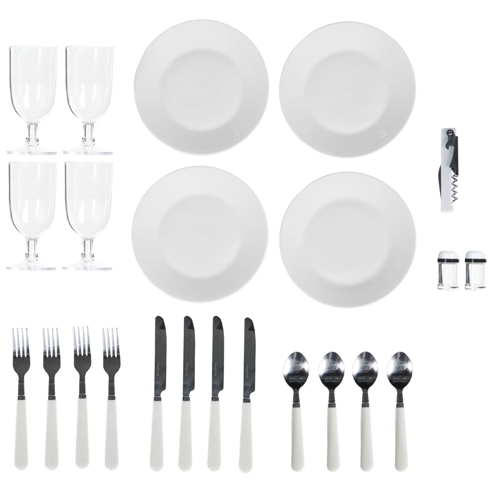 Cesto da picnic per 4 persone in vimini naturale e grigio con set di posate, piatti, bicchieri da vino e borsa termica con cavatappi Coperta inclusa Finitura