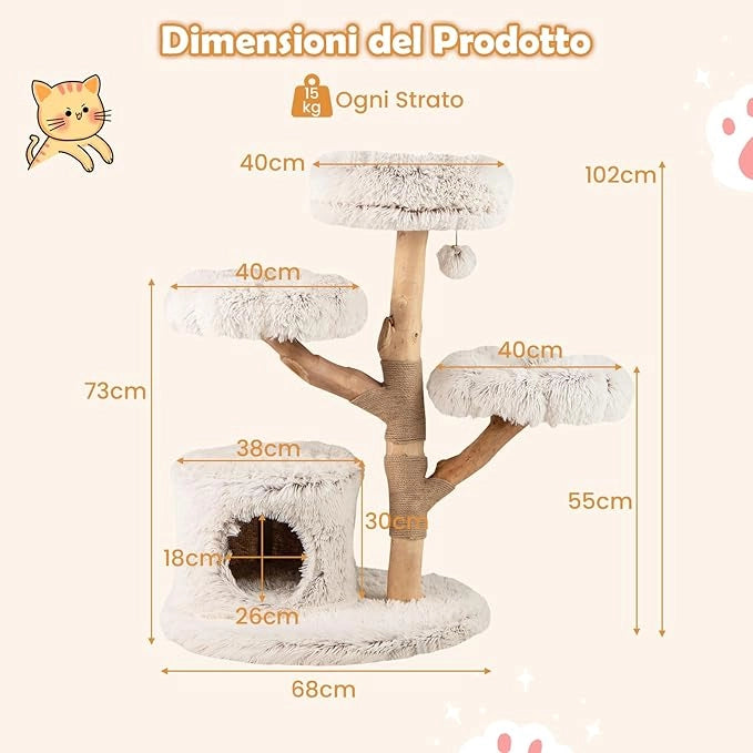 Albero per Gatti, Tiragraffi per Gattini in Legno Alta 102 cm con Condominio, 2 Piattaforme a Forma di Fiore, Trespolo e Palo per Grattarsi in Juta, Mobile da Arrampicata per Interno