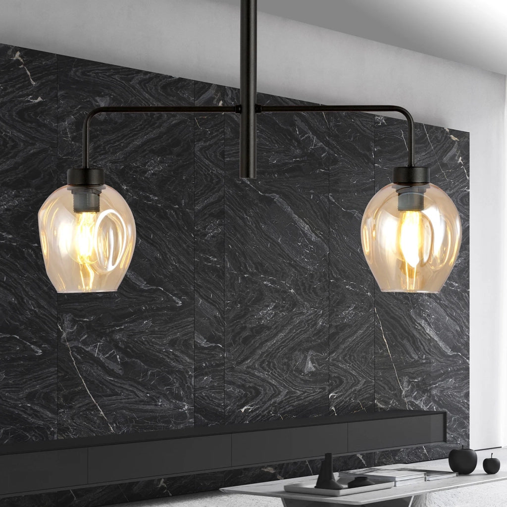 Lampadario Moderno 2 Luci Auriga In Accaio Nero E Vetro Ambra