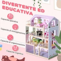 Casa delle Bambole per Bambini 3+ Anni in Legno di Pino e MDF a 4 Piani con 13 Accessori, Rosa, 60x30x80 cm
