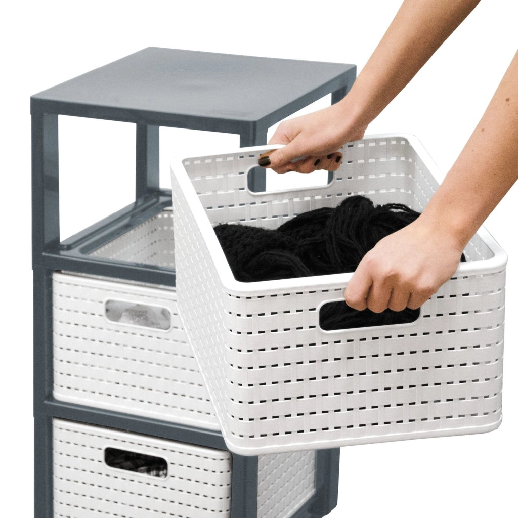 Rotho Country Contenitore Arrotolabile con 3 Cassetti in Rattan, Plastica (PP) senza BPA, colore Bianco, 3 x A4/18 L, 37.5 x 32.5 x 71.2 cm