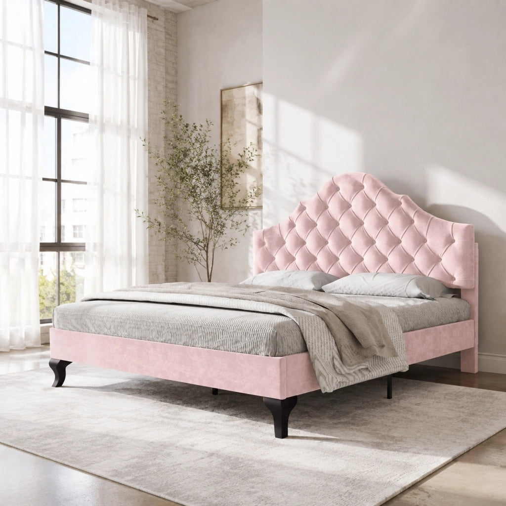 Letto imbottito 140x200 cm in velluto rosa con rete a doghe e testiera regolabile