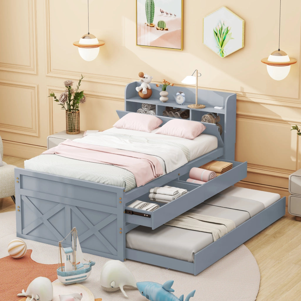 OKWISH Letto estraibile 90×190 cm, Letto Singolo con 2 Cassetti, USB e Comodino con Ripiano, senza Materasso, in Legno Massello, Grigio