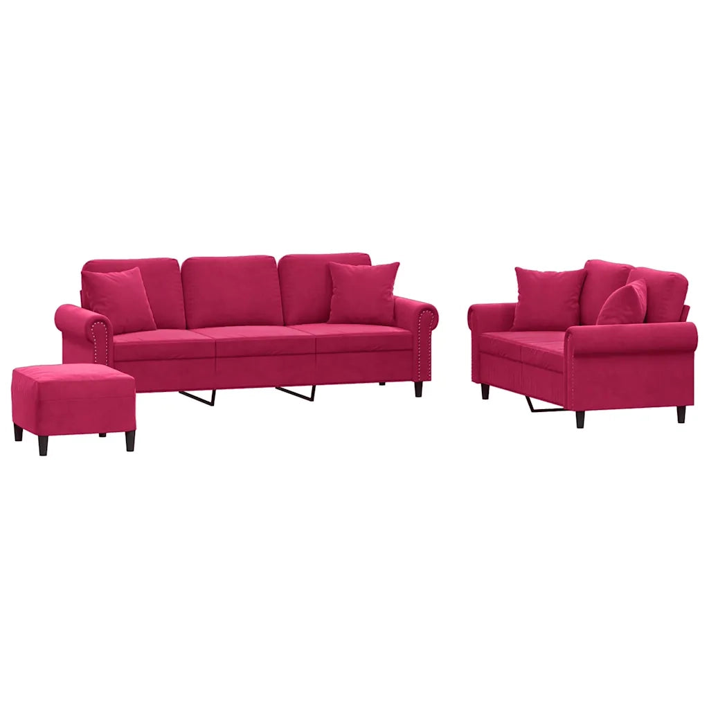 Set di Divani 3 pz con Cuscini Rosso Vino in Velluto 3202284