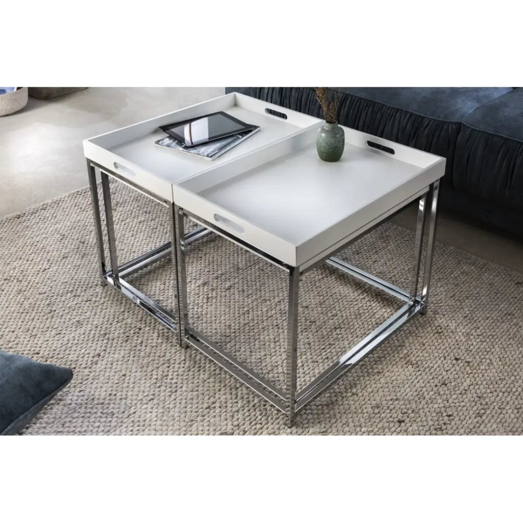 Tavolini bassi nidificati VORTEX bianco opaco e metallo argentato - set di 3 design moderno