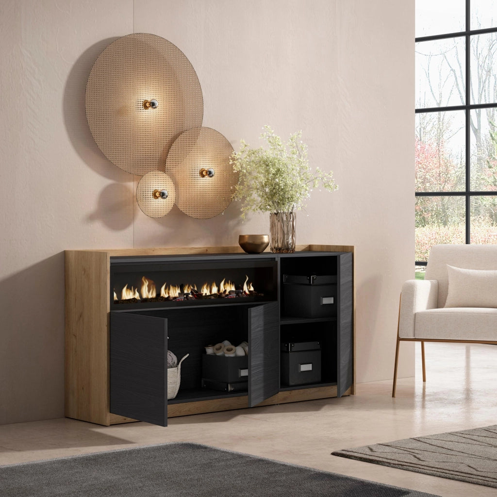 Credenza, Mobile, Cucina, 156x80x37 cm, 3 Porte, Camino elettrico, Nero e rovere