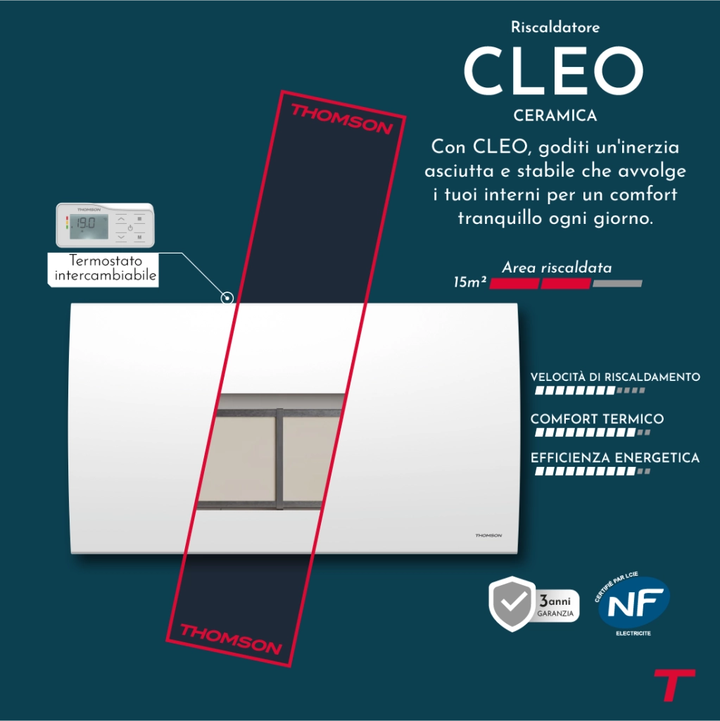 Radiatore elettrico a inerzia in ceramica secca Thomson con termostato intercambiabile 1500W cleo