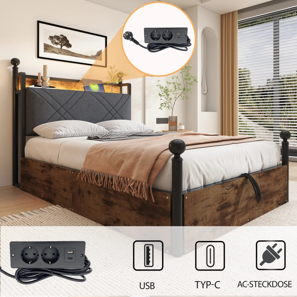 Letto singolo 90×190 cm con contenitore; LED; USB; Type-C e due cassetti; senza materasso; nero