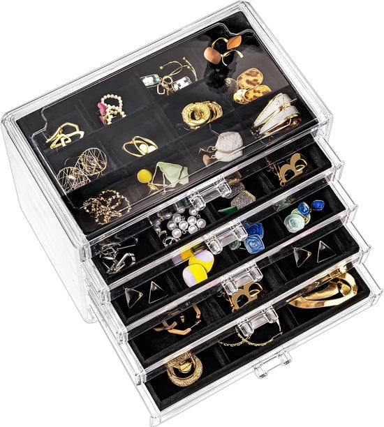Organizzatore di accessori in acrilico con 5 cassetti trasparenti per donne, contenitore di conservazione di gioielli con 5 cassetti per orecchini, anelli, bracciali - nero