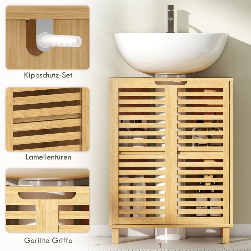 Mobile sotto lavabo in bambù naturale con ripiano regolabile, 60x30x80 cm
