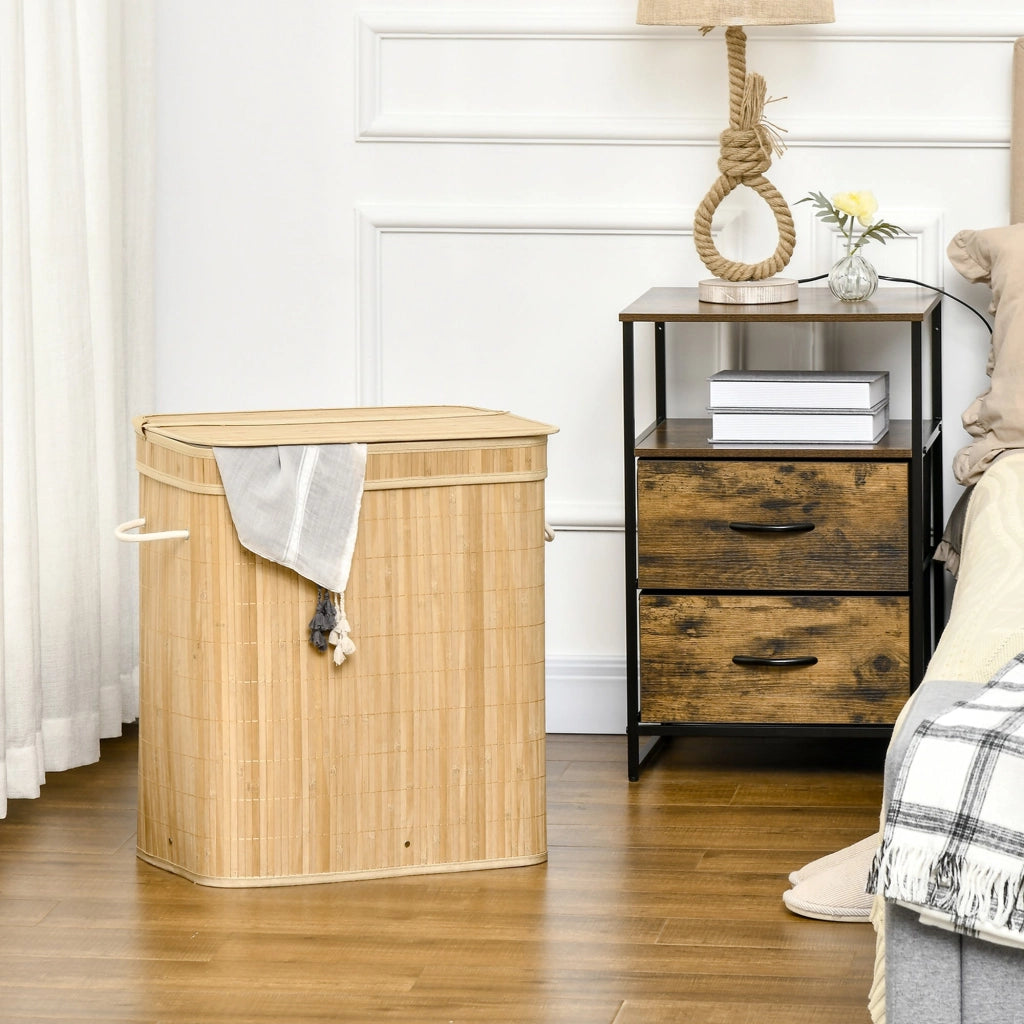 Cesto Portabiancheria da 90L Pieghevole con 2 Scomparti 54,2x35,2x59,5 cm in Bambù