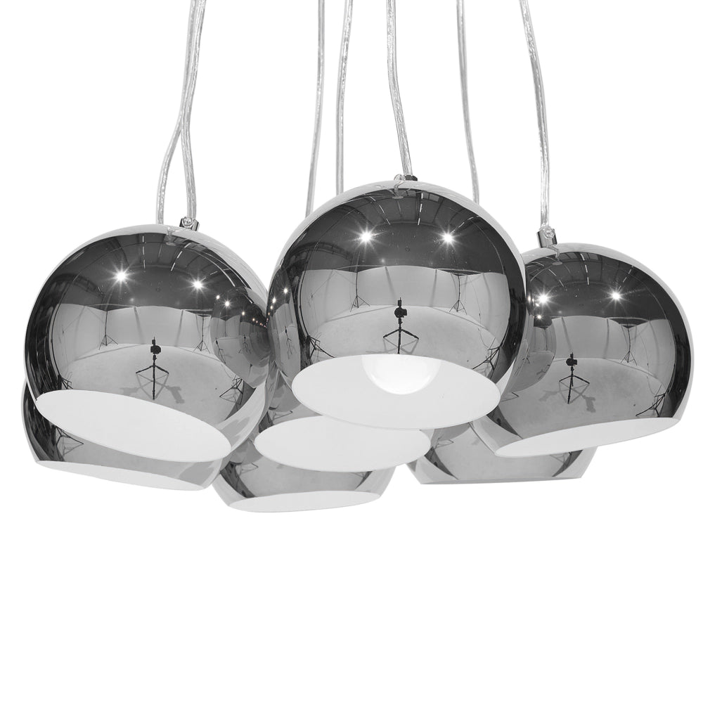 Lampada a sospensione a grappolo a 7 luci con paralumi rotondi in metallo argentato
