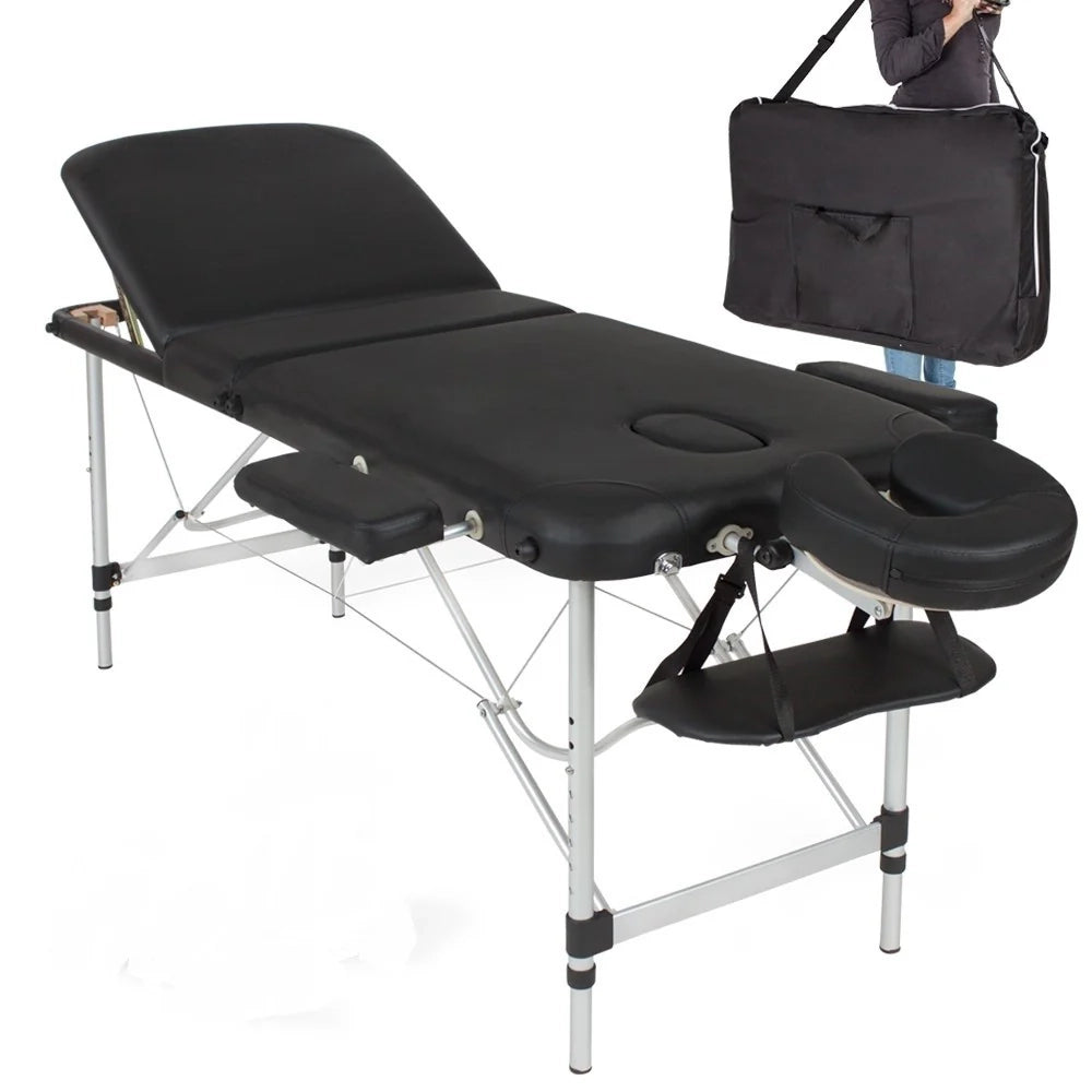 Lettino da massaggio pieghevole con imbottitura spessa 3 sezioni struttura in alluminio portatile copertura nera 08_0000451